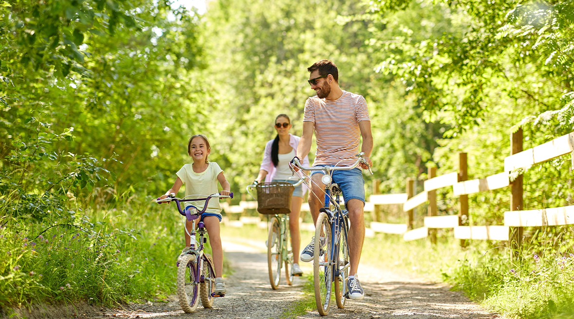 Family on bicycles through sunny countryside
